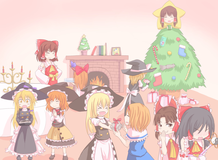 &gt;_&lt; 6+girls alice_margatroid azusa_(cookie) bangs benikurage_(cookie) black_headwear black_jacket black_skirt black_vest blonde_hair blouse blue_dress blush book bow braid brown_eyes brown_hair candelabra candle candy candy_cane capelet christmas christmas_ornaments christmas_stocking christmas_tree cirno cirno_(cookie) closed_mouth commentary_request cookie_(touhou) cup dress eyebrows_visible_through_hair fire fireplace flame food frilled_bow frilled_hair_tubes frills full_body gift gift_bow hair_between_eyes hair_bow hair_tubes hairband hakurei_reimu hat hat_bow hazuna_rio highres hinase_(cookie) ibuki_suika jacket kanna_(cookie) kirisame_marisa long_hair looking_at_another looking_to_the_side mars_(cookie) medium_hair microphone multiple_girls no_eyes nose_blush open_mouth orange_hair parted_bangs petticoat puhaa purple_bow red_bow red_hairband rei_(cookie) reu_(cookie) rock sananana_(cookie) shirt short_hair side_braid single_braid skirt smile squid star_(symbol) touhou turtleneck upper_body uzuki_(cookie) vest white_blouse white_bow white_capelet white_shirt witch_hat yamin_(cookie) yin_yang yunomi