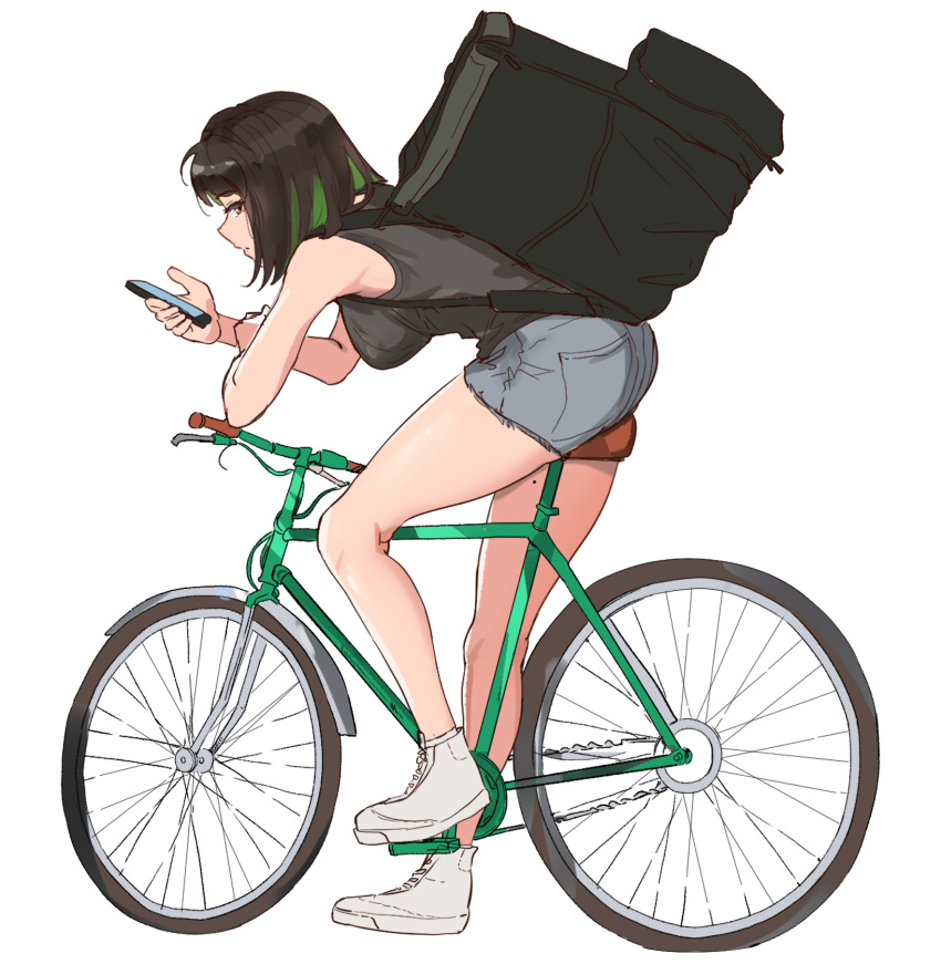 1girl backpack bag bangs bicycle black_hair black_shirt breasts brown_eyes cellphone colored_inner_hair denim denim_shorts eyebrows_visible_through_hair green_hair ground_vehicle highres holding holding_phone large_breasts medium_hair miru_(ormille) mole mole_on_thigh multicolored_hair original ormille phone riding_bicycle shirt shorts simple_background sleeveless smartphone white_background