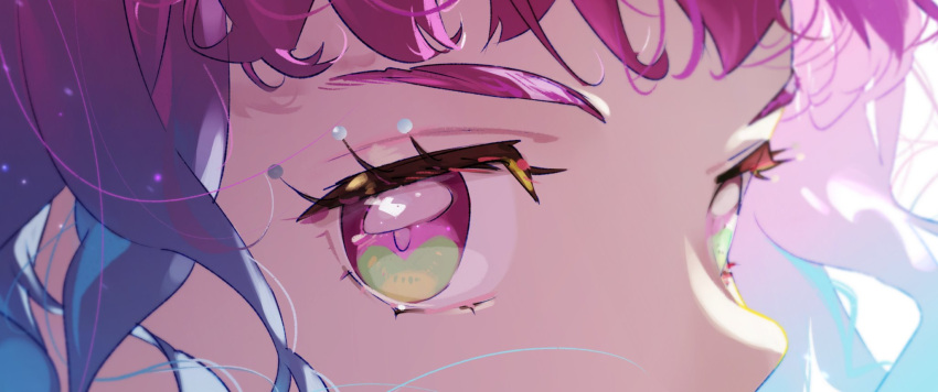 1girl blue_eyes blue_hair close-up commentary cure_la_mer eye_focus eyelash_ornament eyelashes floating_hair gradient_hair hair_strand highres kyuko2go laura_la_mer looking_to_the_side multicolored_eyes multicolored_hair pink_eyes pink_hair precure solo thick_eyebrows tropical-rouge!_precure v-shaped_eyebrows white_background