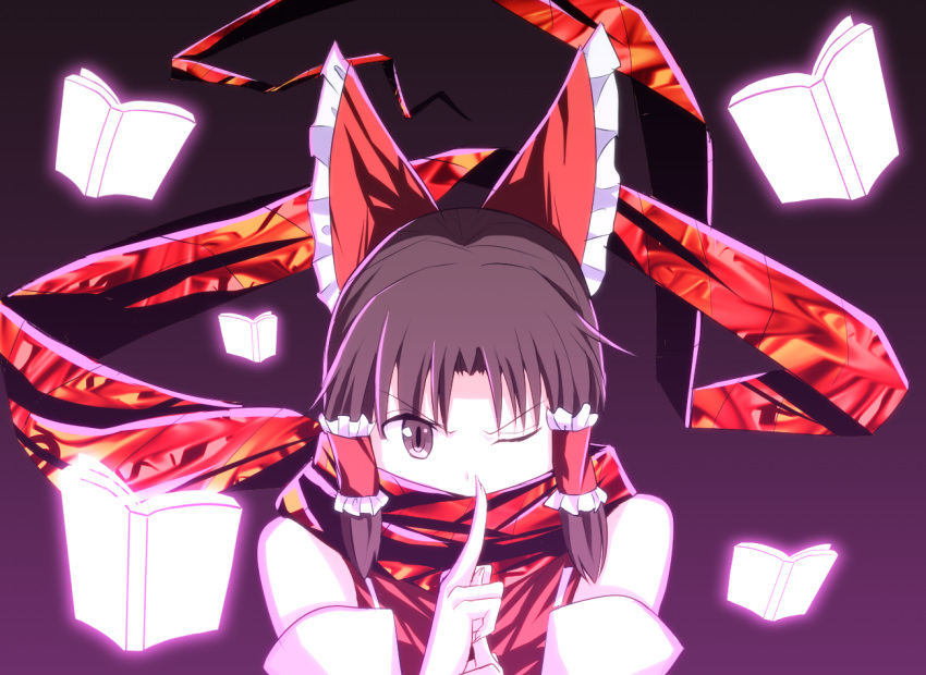 1girl bangs benikurage_(cookie) book bow brown_eyes brown_hair commentary_request cookie_(touhou) detached_sleeves eyebrows_visible_through_hair eyes_visible_through_hair frilled_bow frilled_hair_tubes frills hair_bow hair_tubes hakurei_reimu kuji-in looking_at_viewer medium_hair one_eye_closed parted_bangs puhaa red_bow red_scarf red_shirt scarf shirt sleeveless sleeveless_shirt solo touhou upper_body white_sleeves