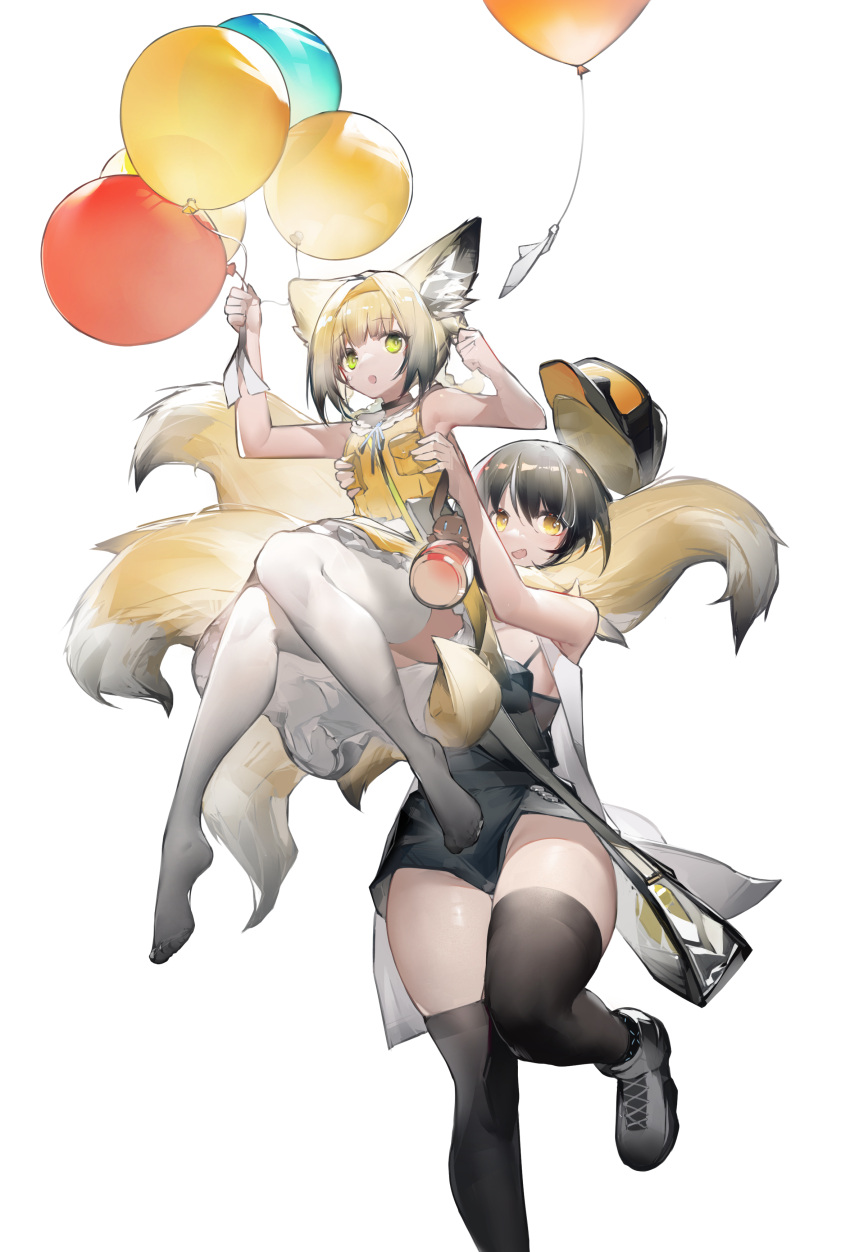 1girl absurdres alternate_costume animal_ears arknights bag balloon black_dress black_footwear black_headwear black_legwear blonde_hair bottle braid breasts brown_footwear brown_hair chinese_commentary collar commentary_request dress earrings fox_ears fox_girl fox_tail frilled_dress frills full_body green_eyes hairband hands_up hat head_tilt highres holding holding_another holding_balloon jewelry kitsune kyuubi leg_up magallan_(arknights) medium_breasts multicolored_hair multiple_tails open_mouth orange_dress orange_hairband shoes short_hair shoulder_bag simple_background small_breasts smile streaked_hair suzuran_(arknights) tail thigh-highs water_bottle white_background white_legwear yellow_eyes yushi_quetzalli