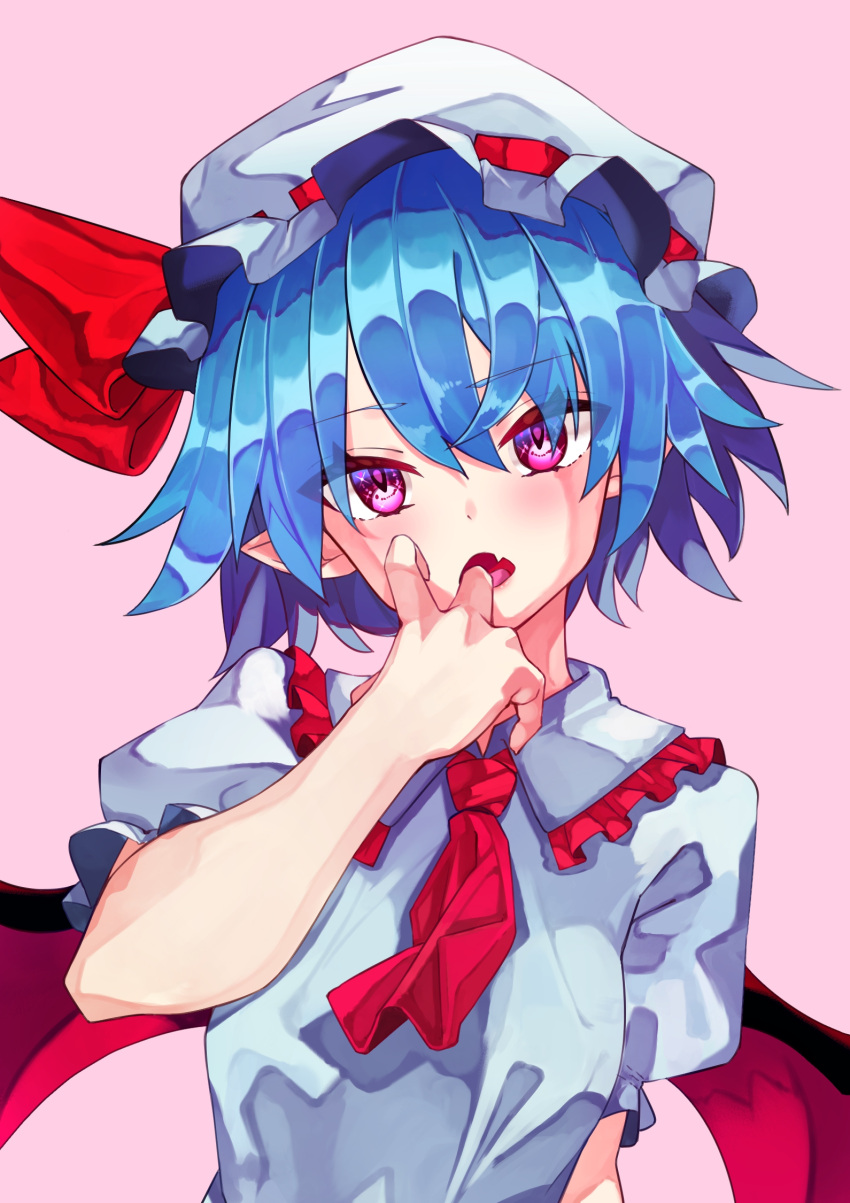 1girl bangs blue_hair blush bow breasts eyebrows_visible_through_hair fang finger_in_mouth frilled_shirt_collar frilled_sleeves frills gozenjuziame hair_between_eyes hat highres looking_at_viewer making-of_available mob_cap open_mouth puffy_short_sleeves puffy_sleeves red_bow red_eyes remilia_scarlet short_hair short_sleeves simple_background skin_fang small_breasts solo touhou upper_body wings