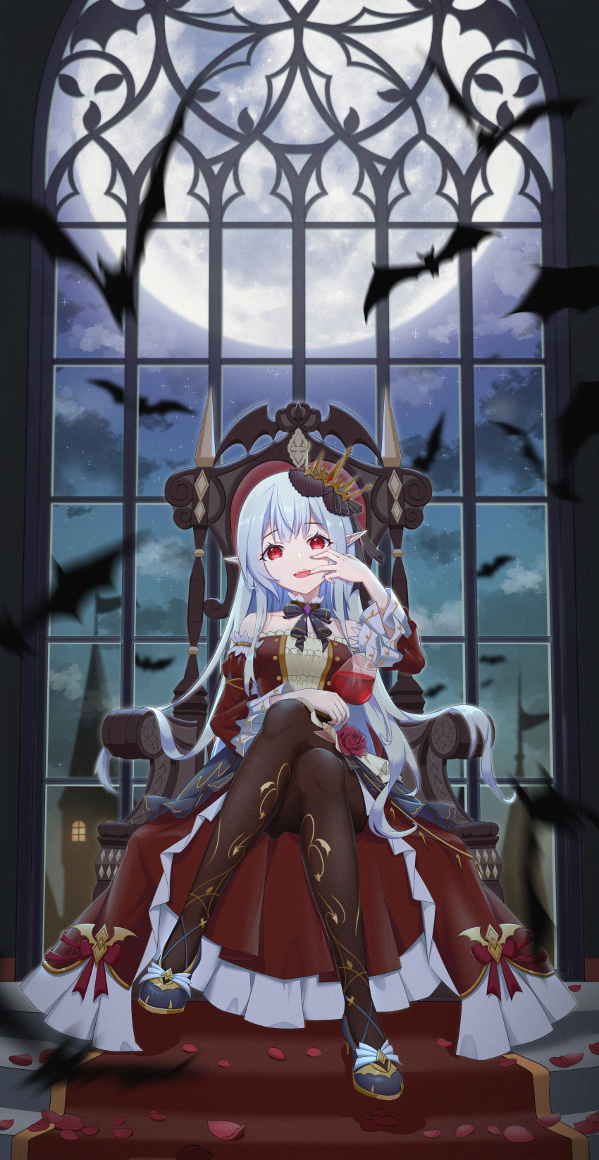 1girl absurdres black_legwear black_neckwear blue_footwear chinese_commentary crossed_legs crown cup dress drinking_glass eyes_visible_through_hair full_moon hair_between_eyes highres huge_filesize monster_girl moon night night_sky open_mouth original pantyhose pointy_ears red_dress red_eyes sitting sky smile solo throne vampire vic_(user_ztdh7374) white_hair window wine_glass