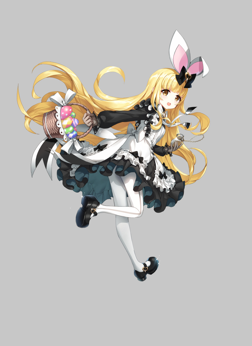 1girl :d absurdres animal_ears apron back_bow bangs basket black_bow black_dress black_footwear blonde_hair blunt_bangs bow bowtie closers dress easter_egg egg fake_animal_ears floating_hair foot_up frilled_apron frilled_dress frills from_behind full_body gloves grey_background grey_gloves hair_bow highres holding holding_basket holding_pocket_watch long_hair long_sleeves looking_at_viewer looking_back lucy_(closers) mary_janes official_art pantyhose pocket_watch puffy_long_sleeves puffy_sleeves rabbit_ears running shoes short_dress smile solo tachi-e very_long_hair watch white_apron white_bow white_bowtie white_pantyhose yellow_eyes