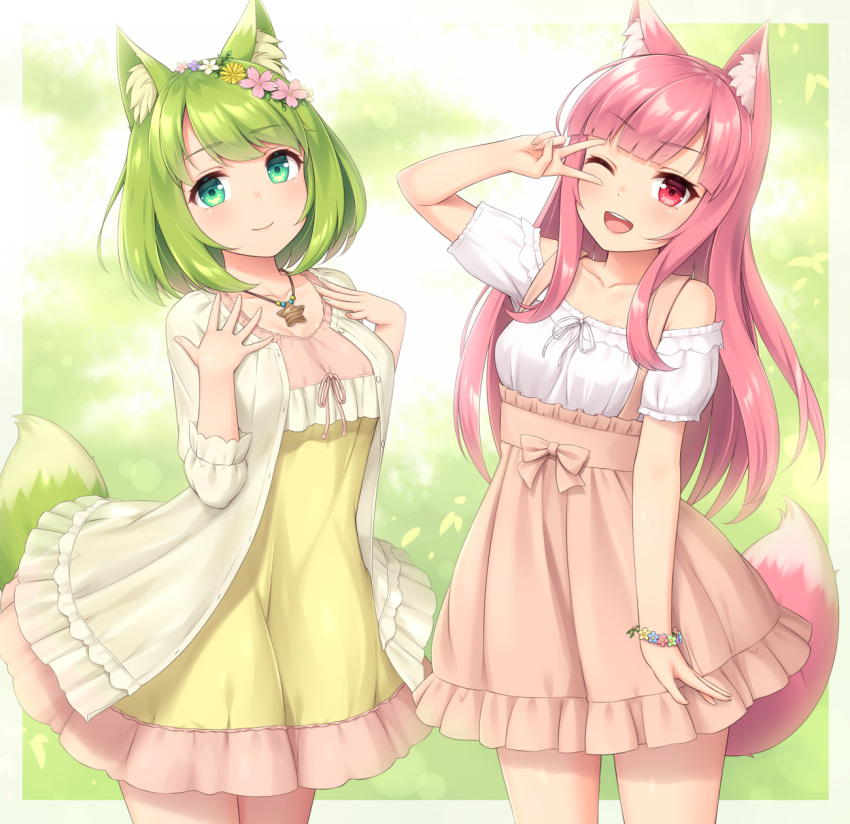 2girls ;d animal_ears bangs blunt_bangs breasts closed_mouth cowboy_shot dress eyebrows_visible_through_hair fox_ears green_eyes green_fox_(sasaame) green_hair highres long_hair medium_breasts medium_hair multiple_girls one_eye_closed open_mouth original outdoors pink_eyes pink_fox_(sasaame) pink_hair sasaame smile v_over_eye yellow_dress