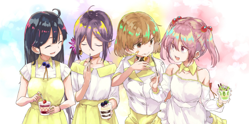 4girls ahoge akebono_(kancolle) bandaid bandaid_on_cheek bandaid_on_face bangs bell blue_hair breasts brown_eyes brown_hair buttons choker closed_eyes commission flower food hair_bell hair_between_eyes hair_bobbles hair_flower hair_ornament highres holding holding_spoon kantai_collection long_hair long_sleeves matsutani multiple_girls oboro_(kancolle) official_alternate_costume open_mouth pink_eyes pink_hair ponytail purple_hair sazanami_(kancolle) shirt short_hair short_sleeves short_twintails side_ponytail simple_background skeb_commission skirt spoon twintails upper_body ushio_(kancolle) white_shirt yellow_skirt