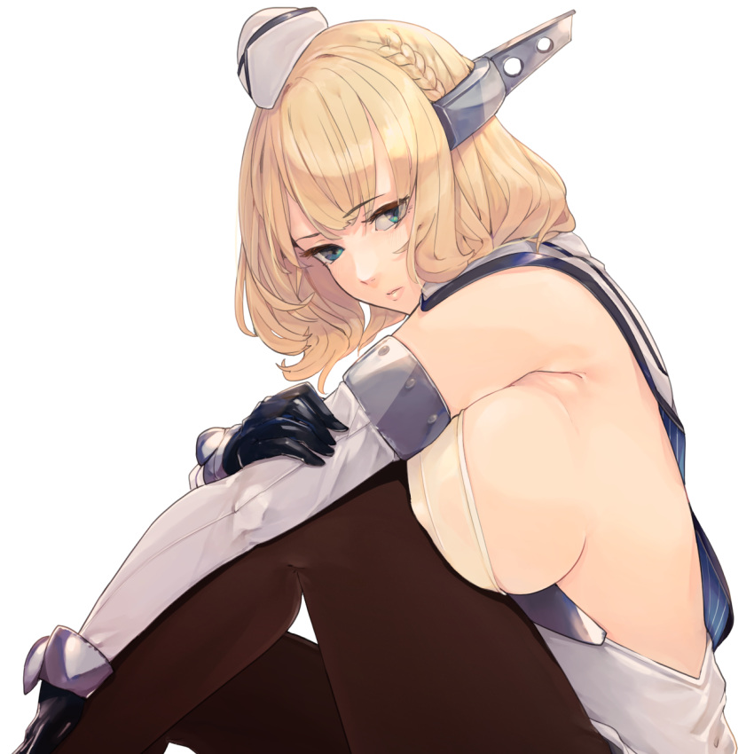 1girl black_gloves black_legwear blonde_hair blue_eyes breasts capelet colorado_(kancolle) detached_sleeves dress elbow_gloves eyebrows_visible_through_hair fuwafuwatoufu garrison_cap gloves grey_capelet grey_dress grey_headwear hat headgear highres kantai_collection large_breasts lattice_mast pantyhose parted_lips pleated_dress sad shirt short_hair side_braids sideboob simple_background sitting sleeveless solo white_background white_shirt
