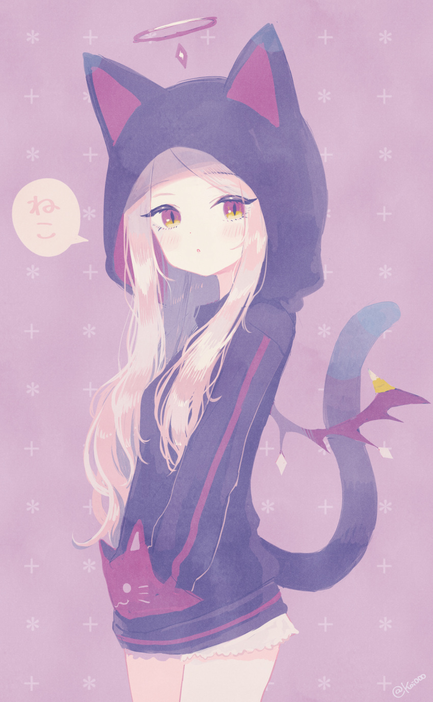 1girl :o animal_ears animal_hood bangs black_hoodie blue_archive brown_background cat_ears cat_hood cat_tail eyebrows_visible_through_hair fake_animal_ears from_side hand_in_pocket highres hina_(blue_archive) hood hood_up hoodie light_brown_hair long_hair long_sleeves looking_at_viewer looking_to_the_side nishiki_koi parted_lips puffy_long_sleeves puffy_sleeves solo standing swept_bangs tail translation_request twitter_username very_long_hair wings