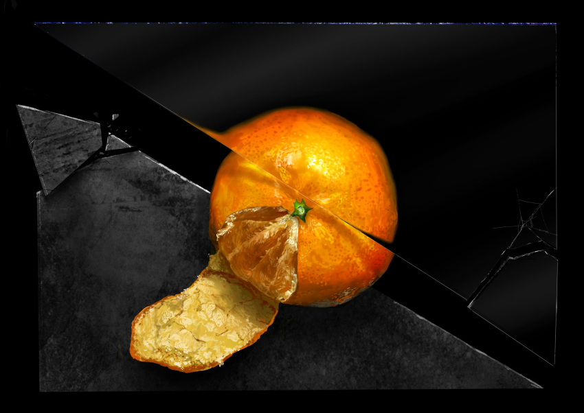 black_background broken broken_glass food food_focus fruit glass highres no_humans orange_(food) original painttool_sai_(medium) peeling realistic senzaki-ryosuke shatter simple_background still_life stone