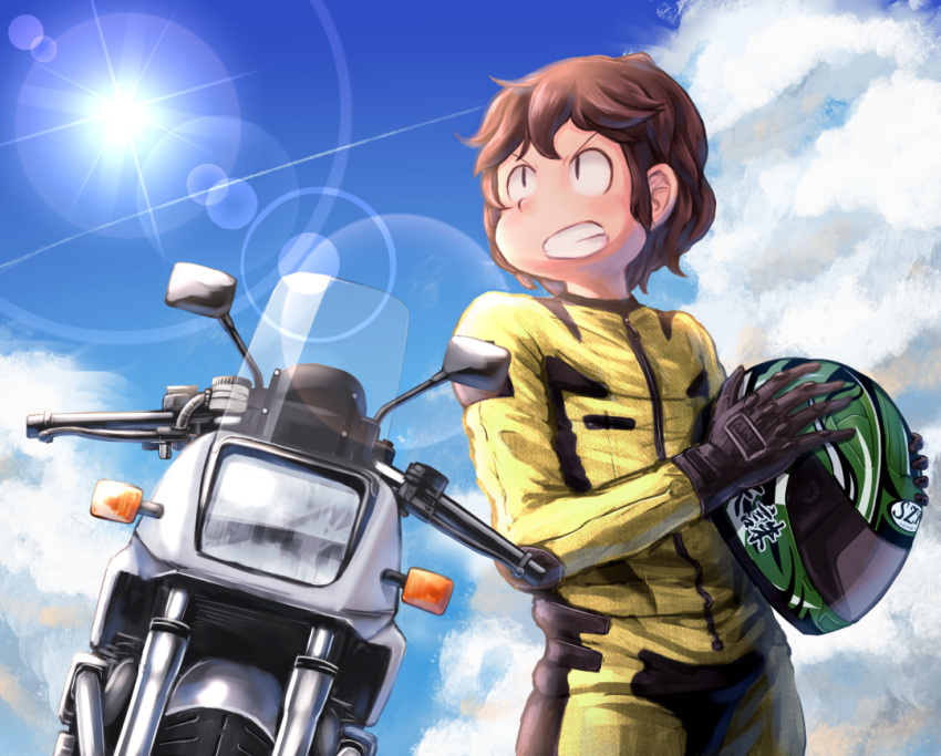 1boy bangs biker_clothes bikesuit black_gloves blue_sky bodysuit brown_hair clenched_teeth clouds commentary cookie_(touhou) cowboy_shot gloves ground_vehicle helmet holding holding_helmet lens_flare looking_afar motor_vehicle motorcycle motorcycle_helmet puhaa short_hair sky solo sun suzuki_(cookie) teeth yellow_bodysuit zipper