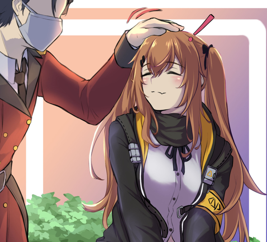 ! 1boy 1girl 3_small_spiders bangs black_jacket black_scarf blush brown_hair closed_eyes closed_mouth commander eyebrows_visible_through_hair girls_frontline hair_between_eyes hair_ribbon headpat highres jacket long_hair long_sleeves mask military military_uniform mouth_mask open_clothes open_jacket ribbon scarf shirt solo_focus surgical_mask twintails ump9_(girls_frontline) uniform white_shirt