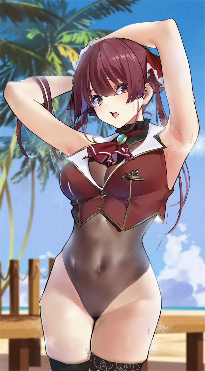 1girl absurdres bangs bare_shoulders blush breasts hair_ribbon heterochromia highres hololive houshou_marine jikatarou large_breasts long_hair looking_at_viewer open_mouth red_eyes red_ribbon redhead ribbon solo thighs twintails virtual_youtuber yellow_eyes