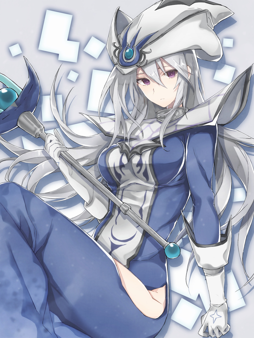1girl bangs bare_hips blue_dress breasts closed_mouth dress duel_monster gloves groin hair_between_eyes hat highres hip_vent holding holding_wand knees_up large_breasts legs_together long_dress long_hair long_sleeves silent_magician sitting solo tsumayouji_(dekosoko) violet_eyes wand white_hair white_headwear wizard_hat yu-gi-oh!
