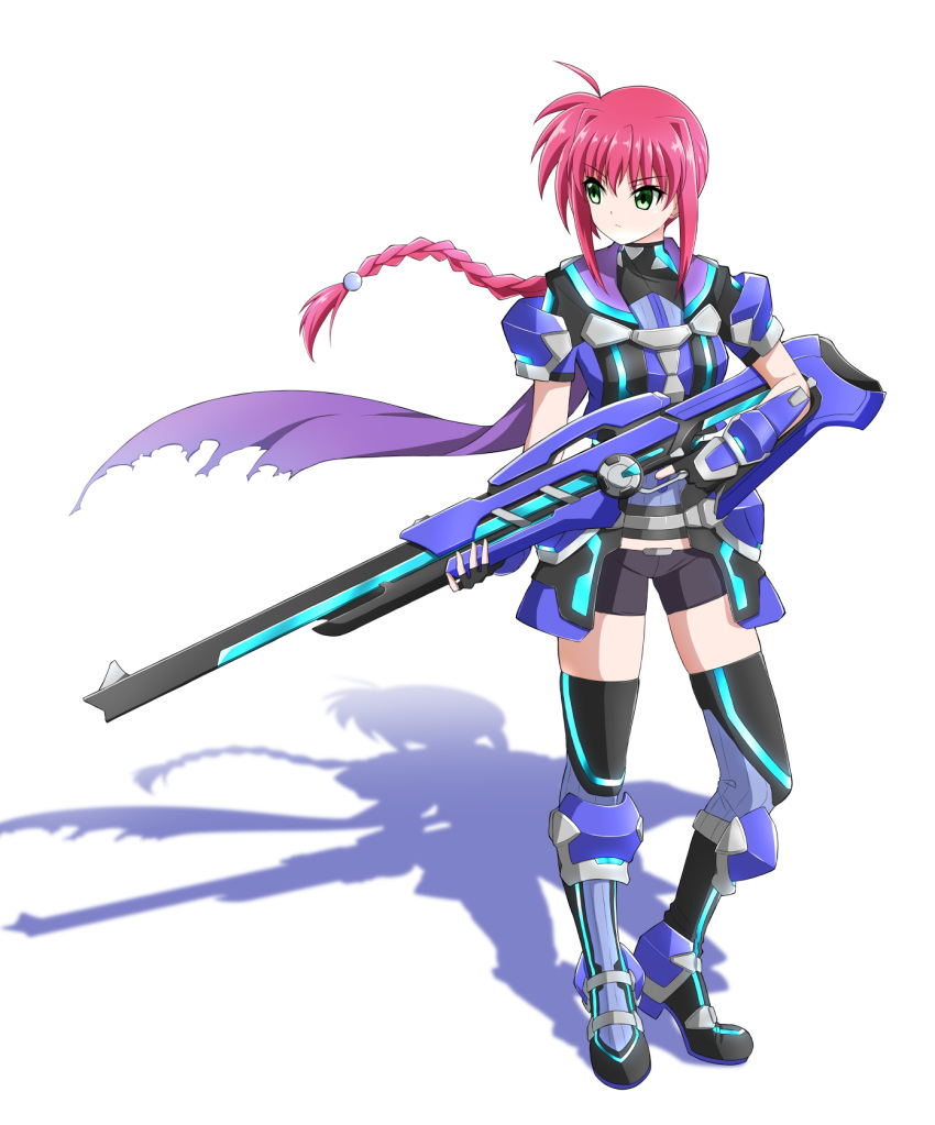 1girl ahoge amitie_florian bangs black_legwear black_shorts braid braided_ponytail closed_mouth eyebrows_visible_through_hair floating_hair full_body green_eyes gun hair_between_eyes hair_intakes highres holding holding_gun holding_weapon long_hair lyrical_nanoha mahou_shoujo_lyrical_nanoha mahou_shoujo_lyrical_nanoha_a's mahou_shoujo_lyrical_nanoha_a's_portable:_the_gears_of_destiny oshimaru026 ponytail redhead shiny shiny_hair short_shorts short_sleeves shorts simple_background solo standing thigh-highs very_long_hair weapon white_background zettai_ryouiki