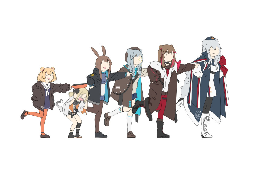 &gt;_&lt; 6+girls :d ^_^ amiya_(arknights) animal_ears arknights ascot bangs bear_ears beret black_footwear black_jacket blonde_hair blue_hair blue_neckwear bonk boots braid brown_footwear brown_hair brown_jacket brown_legwear carnival_phantasm choker closed_eyes cross-laced_footwear english_commentary frying_pan full_body fur-trimmed_boots fur_trim gummy_(arknights) hair_ornament hand_on_hip hat highres holding horns ifrit_(arknights) istina_(arknights) jacket kofucchi lace-up_boots loafers long_hair long_sleeves looking_at_viewer monocle multicolored_hair multiple_girls open_clothes open_jacket open_mouth orange_legwear outstretched_arm pantyhose parody plaid plaid_skirt pleated_skirt pointing pom_pom_(clothes) rabbit_ears red_legwear redhead rosa_(arknights) sailor_collar scarf sharp_teeth shoes short_hair sidelocks simple_background skirt sleeves_past_fingers sleeves_past_wrists smile socks standing standing_on_one_leg streaked_hair super_affection teeth twin_braids twintails white_background white_legwear wide_sleeves zima_(arknights) |_|