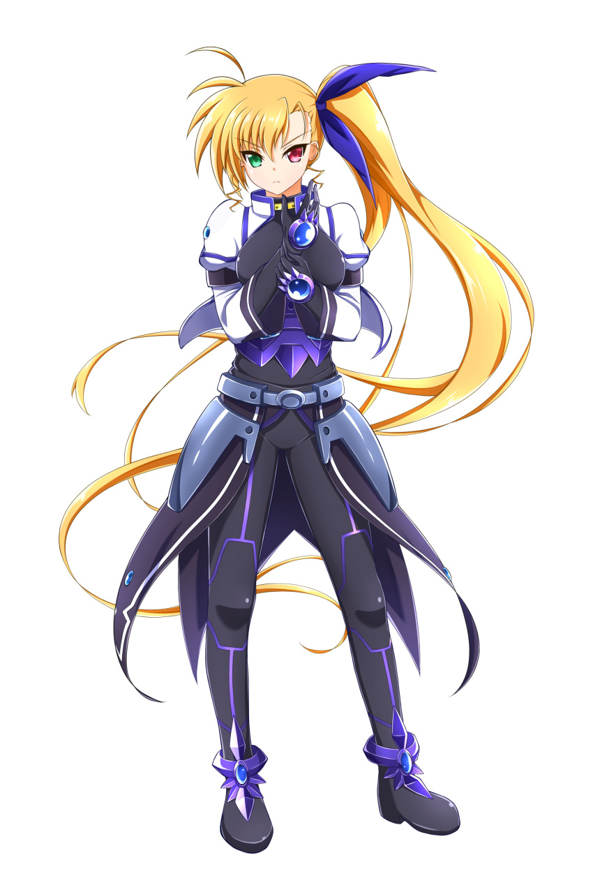 1girl adjusting_clothes adjusting_gloves bangs black_bodysuit black_gloves blonde_hair blue_bow bodysuit bow breasts closed_mouth eyebrows_visible_through_hair faulds floating_hair frown full_body gloves green_eyes hair_between_eyes hair_bow heterochromia highres long_hair looking_at_viewer lyrical_nanoha mahou_shoujo_lyrical_nanoha_vivid medium_breasts oshimaru026 red_eyes side_ponytail simple_background solo standing v-shaped_eyebrows very_long_hair vivio white_background
