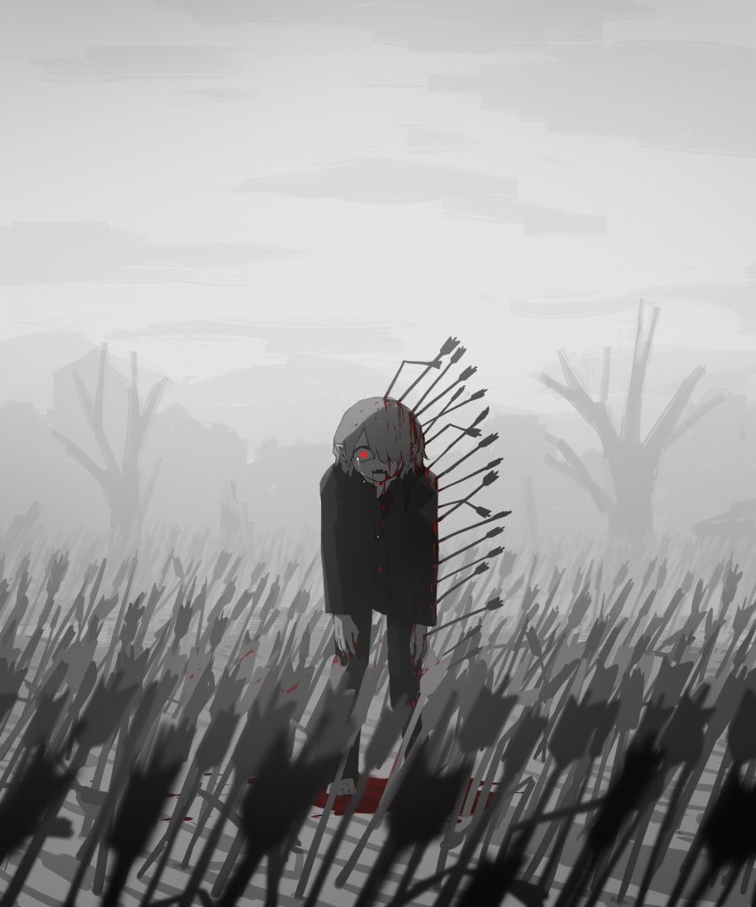 1boy absurdres arrow_(projectile) arrow_in_body arrow_in_head avogado6 bare_tree bleeding blood clouds cloudy_sky crying crying_with_eyes_open fangs field_of_arrows fog grey_sky highres looking_at_viewer open_mouth original pointy_ears pool_of_blood red_eyes sky solo spot_color tears tree vampire wide-eyed