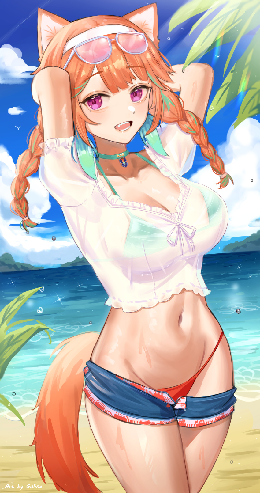 1girl absurdres animal_ears arms_behind_head artist_name bangs beach bikini bikini_under_clothes blue_shorts blue_sky blunt_bangs braid breasts choker clouds day eyebrows_visible_through_hair green_bikini green_choker green_hair gurina hairband highres hololive hololive_english large_breasts looking_at_viewer multicolored_hair ocean open_mouth orange_hair outdoors see-through shirt short_shorts shorts sky standing swimsuit tail takanashi_kiara thighs twin_braids two-tone_hair violet_eyes virtual_youtuber water wet white_hairband white_shirt