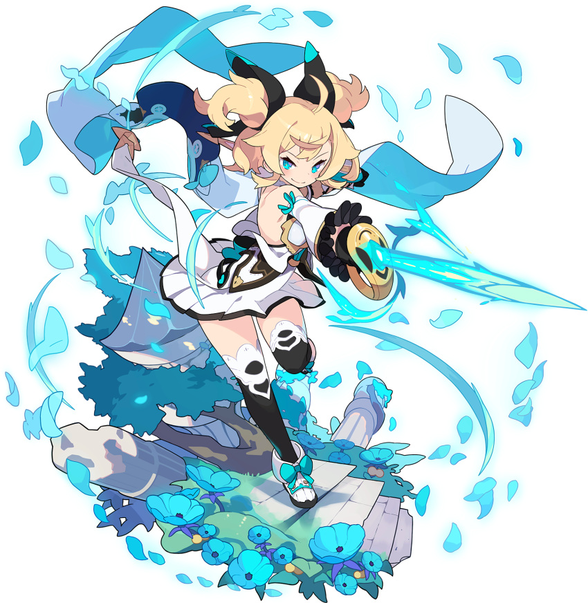 1girl ahoge aqua_bow arm_shield arm_up artist_request asymmetrical_gloves back_bow bangs bare_shoulders black_gloves black_legwear blonde_hair blue_eyes blue_flower blush bow breasts bush cape cape_removed clenched_hand closed_mouth day detached_sleeves dress energy_sword flower footwear_bow frilled_sleeves frills full_body gloves grass hair_ornament half-closed_eyes half_gloves happy heart highres holding holding_sword holding_weapon leaning_forward leg_up looking_at_viewer medium_hair moss non-web_source official_art outdoors outstretched_arms petals pleated_dress rapier shield shiny shiny_hair shoes sidelocks silty_(world_flipper) single_vambrace small_breasts smile solo stairs standing standing_on_one_leg strapless strapless_dress sword thigh-highs tied_hair transparent_background two-sided_cape two-sided_fabric two_side_up v-shaped_eyebrows vambraces weapon white_cape white_dress white_footwear white_sleeves world_flipper zettai_ryouiki
