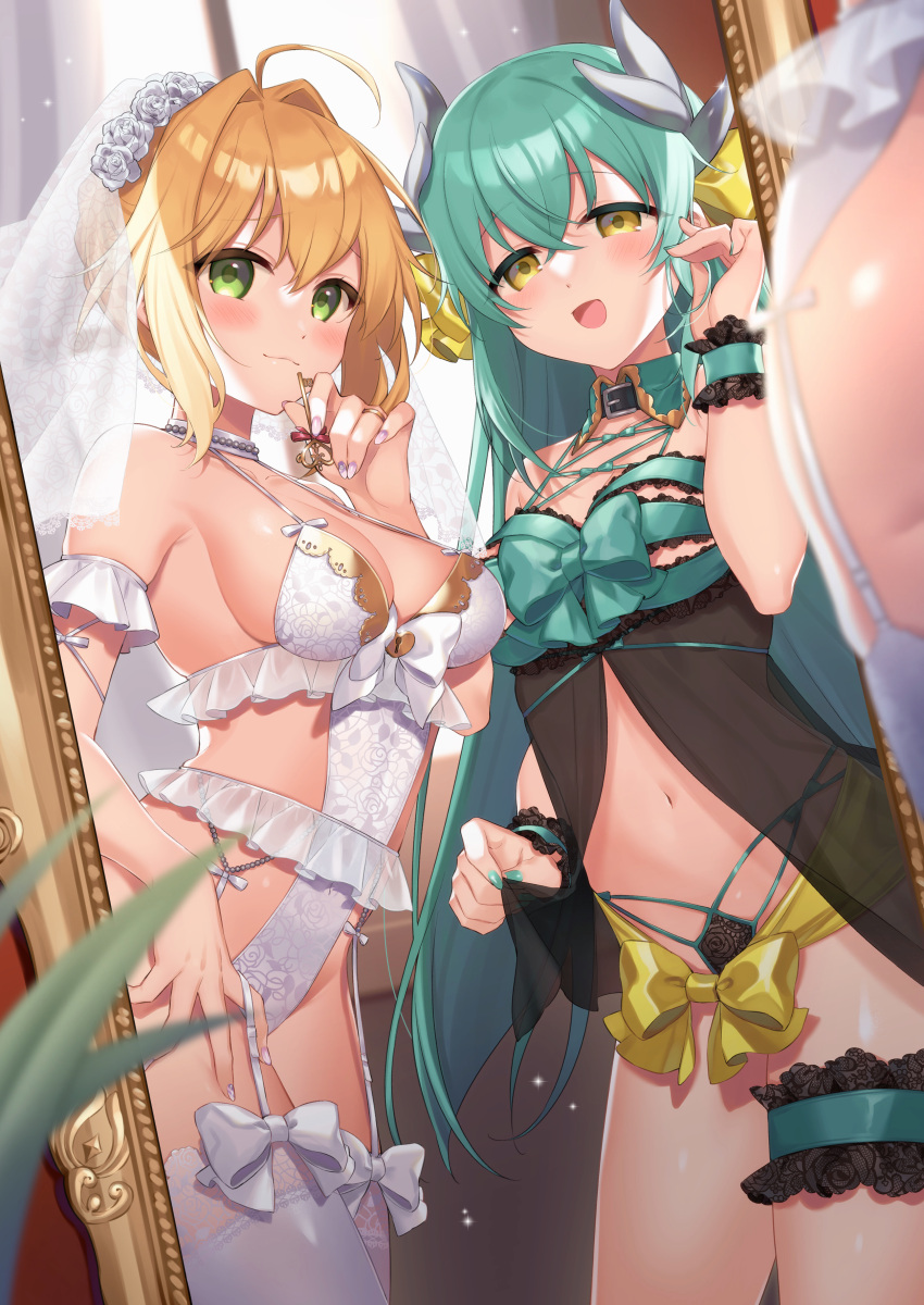 2girls absurdres ahoge bangs blonde_hair blush braid breasts citron_82 dragon_girl dragon_horns fate/extra fate/grand_order fate_(series) french_braid green_eyes green_hair hair_between_eyes hair_bun hair_intakes highres horns kiyohime_(fate) large_breasts long_hair looking_at_viewer medium_breasts multiple_girls multiple_horns navel nero_claudius_(fate) nero_claudius_(fate)_(all) open_mouth smile thighs yellow_eyes