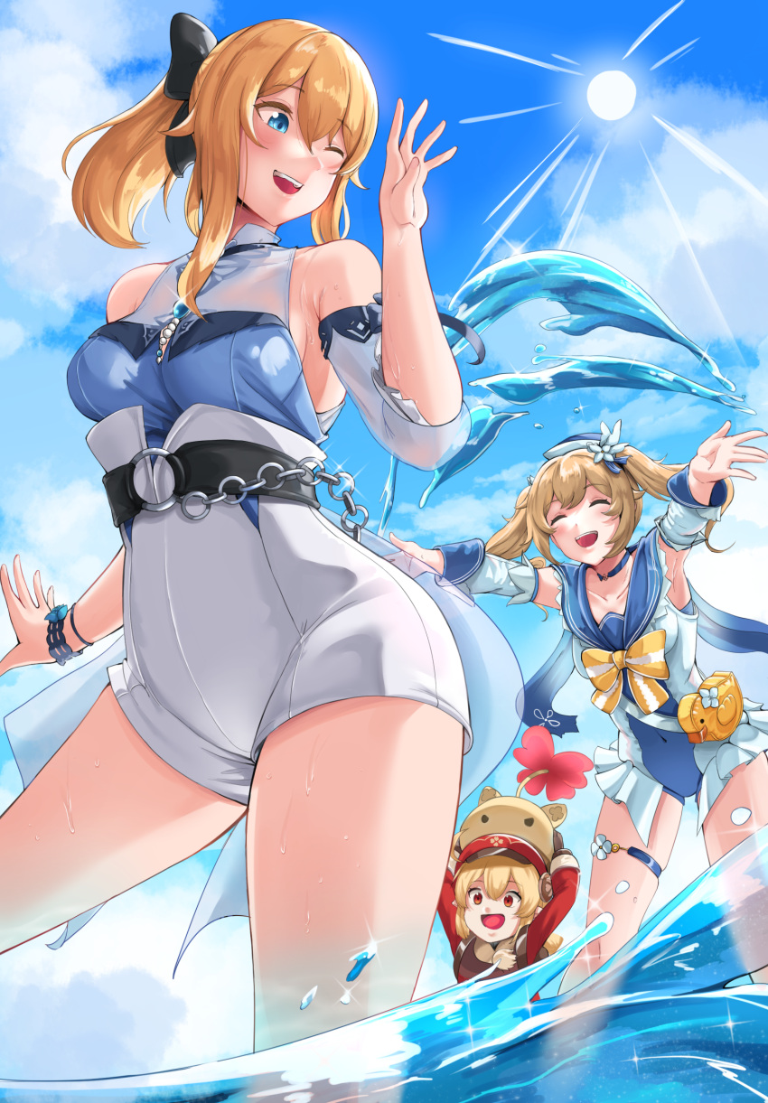 3girls barbara_(genshin_impact) bare_shoulders blue_eyes blue_sky bow bracelet brooch brown_gloves cabbie_hat closed_eyes coat detached_sleeves dress flower from_below genshin_impact gloves hair_bow hair_flower hair_ornament hat high-waist_shorts high_ponytail highres jean_(genshin_impact) jean_(sea_breeze_dandelion)_(genshin_impact) jewelry klee_(genshin_impact) multiple_girls ocean one_eye_closed outdoors outstretched_arms partially_submerged razzdrawing red_coat red_dress red_headwear school_uniform serafuku shorts sky smile sun thigh_strap twintails water white_shorts
