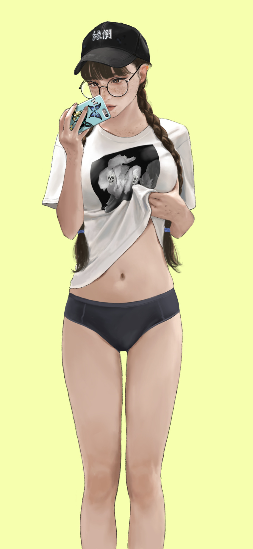 1girl absurdres bangs black_panties braid breasts brown_hair cellphone clothes_lift freckles glasses hat highres hiramedousa lifted_by_self navel original panties phone shirt_lift simple_background smartphone solo twin_braids underwear yellow_background