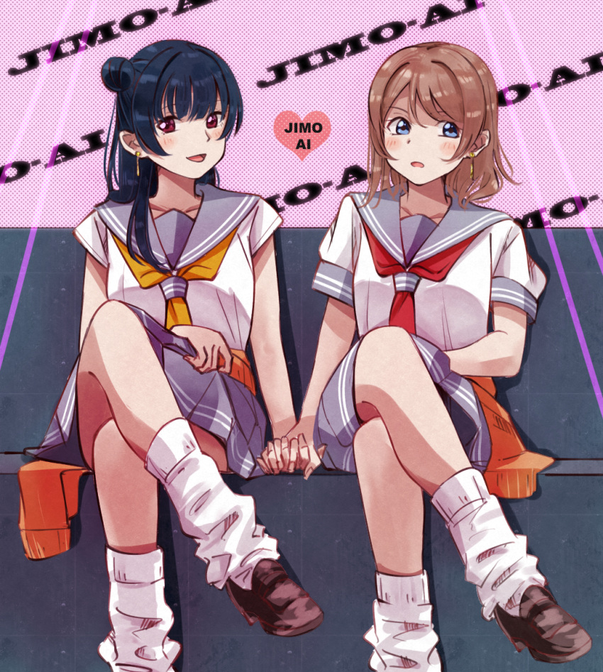 2girls :o bangs blue_eyes blue_hair brown_footwear clothes_around_waist couch crossed_legs earrings grey_hair gyaru highres holding_hands jewelry long_hair loose_socks love_live! love_live!_sunshine!! multiple_girls open_mouth orange_sweater red_eyes red_neckwear school_uniform short_hair side_bun smile summer_uniform sweater sweater_around_waist tsushima_yoshiko uranohoshi_school_uniform user_fvtt2572 watanabe_you yellow_neckwear yuri