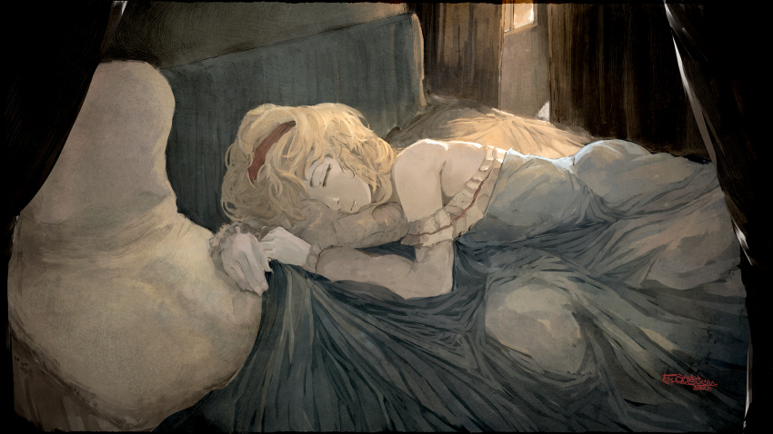 1girl alice_margatroid bare_shoulders bed bed_sheet blonde_hair closed_eyes commission dark eyelashes faux_traditional_media hairband highres lying on_side pillow short_hair signature skeb_commission sleeping solo sunlight touhou window yoshioka_yoshiko