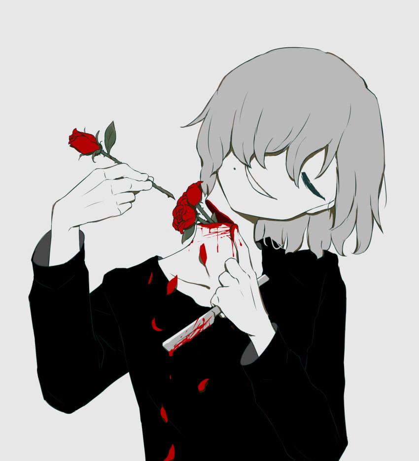1boy absurdres avogado6 black_shirt blood bloody_clothes bloody_hands bloody_weapon closed_eyes decapitation facing_viewer flower grey_hair hand_up head_tilt highres holding holding_flower male_focus medium_hair mole mole_under_mouth original razor red_flower red_rose rose shirt simple_background smile solo suicide upper_body weapon white_background