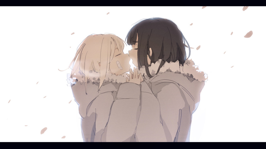 2girls absurdres bandaid black_hair closed_eyes coat fur_trim highres imminent_kiss interlocked_fingers letterboxed multiple_girls open_mouth original profile roisa sketch white_hair winter_clothes yuri