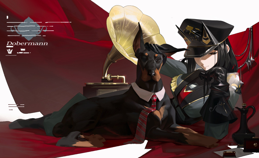 1girl absurdres animal arknights black_eyes black_gloves black_hair breasts character_name detached_collar doberman dobermann_(arknights) dobermann_(lieutenant)_(arknights) dog gloves hat highres long_hair looking_at_viewer lying military military_hat military_uniform necktie on_side phonograph solo uniform yulinqiaosan