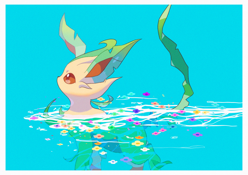 absurdres border brown_eyes commentary_request film_grain flower from_side gen_4_pokemon highres huge_filesize leafeon no_humans pokemon pokemon_(creature) saiku_(zvlku) shiny solo swimming water white_border