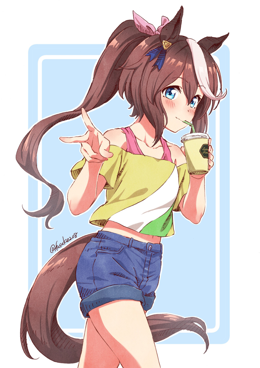 1girl absurdres animal_ears blue_eyes blush brown_hair casual collarbone commentary_request cup fuusuke_(fusuke208) hair_ornament highres horse_ears horse_girl horse_tail long_hair looking_at_viewer off-shoulder_shirt off_shoulder ponytail shirt shorts signature simple_background sipping smile tail tokai_teio_(umamusume) umamusume v