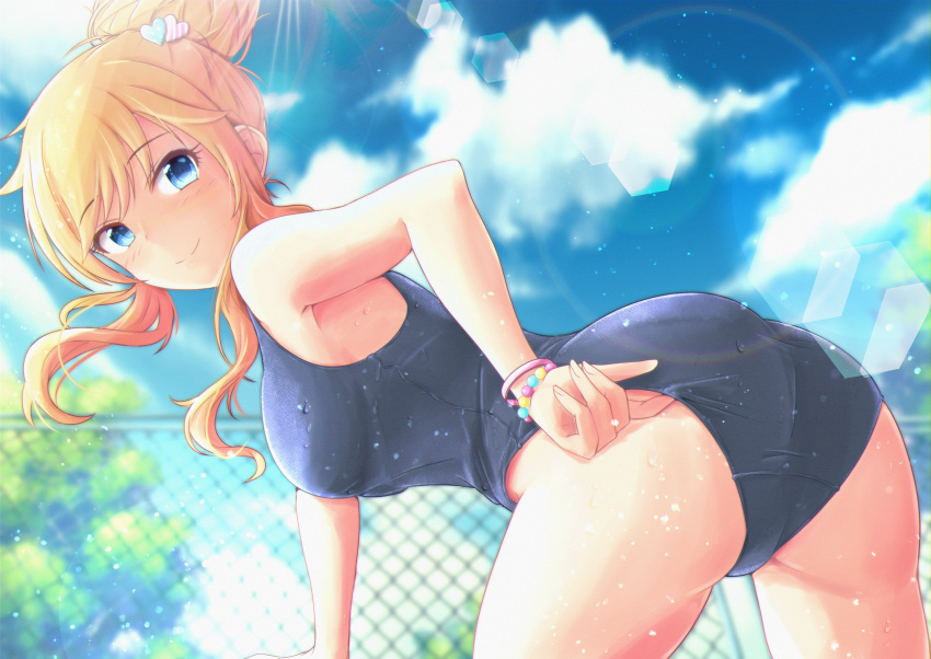 1girl absurdres armpits ass blonde_hair blue_eyes blue_swimsuit closed_mouth cyde eyebrows_visible_through_hair hair_bun highres huge_filesize idolmaster idolmaster_cinderella_girls looking_at_viewer ohtsuki_yui one-piece_swimsuit outdoors poolside school_swimsuit sidelocks sky smile solo swimsuit thighs tied_hair tree wet wet_clothes wet_swimsuit wristband