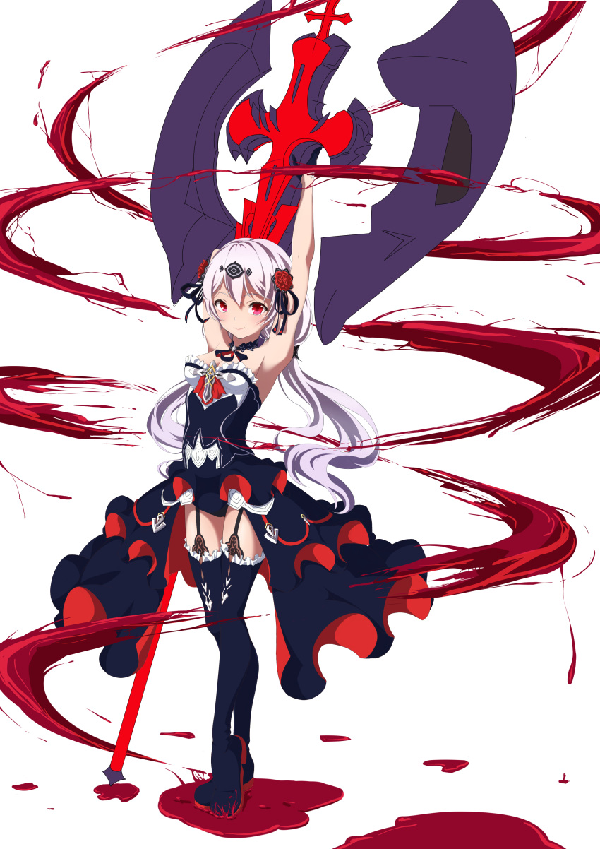 1girl absurdres armpits axe bangs bare_shoulders black_legwear blood boots breasts closed_mouth cross_(weapon) flower full_body hair_between_eyes hair_flower hair_ornament highres holding holding_axe holding_weapon honkai_(series) honkai_impact_3rd looking_at_viewer red_eyes simple_background small_breasts smile solo standing the_key theresa_apocalypse theresa_apocalypse_(luna_kindred) thigh-highs twintails weapon white_background white_hair