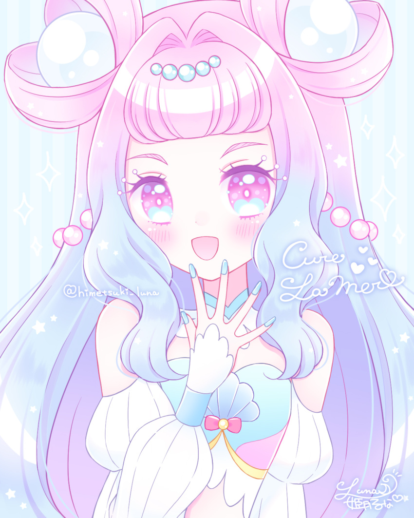 1girl :d bare_shoulders blue_eyes blue_hair blue_nails blush commentary_request cure_la_mer detached_sleeves eyelash_ornament gradient_hair hair_intakes hair_rings hand_up highres himetsuki_luna laura_la_mer long_hair long_sleeves looking_at_viewer multicolored_hair nail_polish open_mouth pink_hair precure puffy_long_sleeves puffy_sleeves signature smile solo thick_eyebrows tropical-rouge!_precure twitter_username upper_body very_long_hair violet_eyes white_sleeves