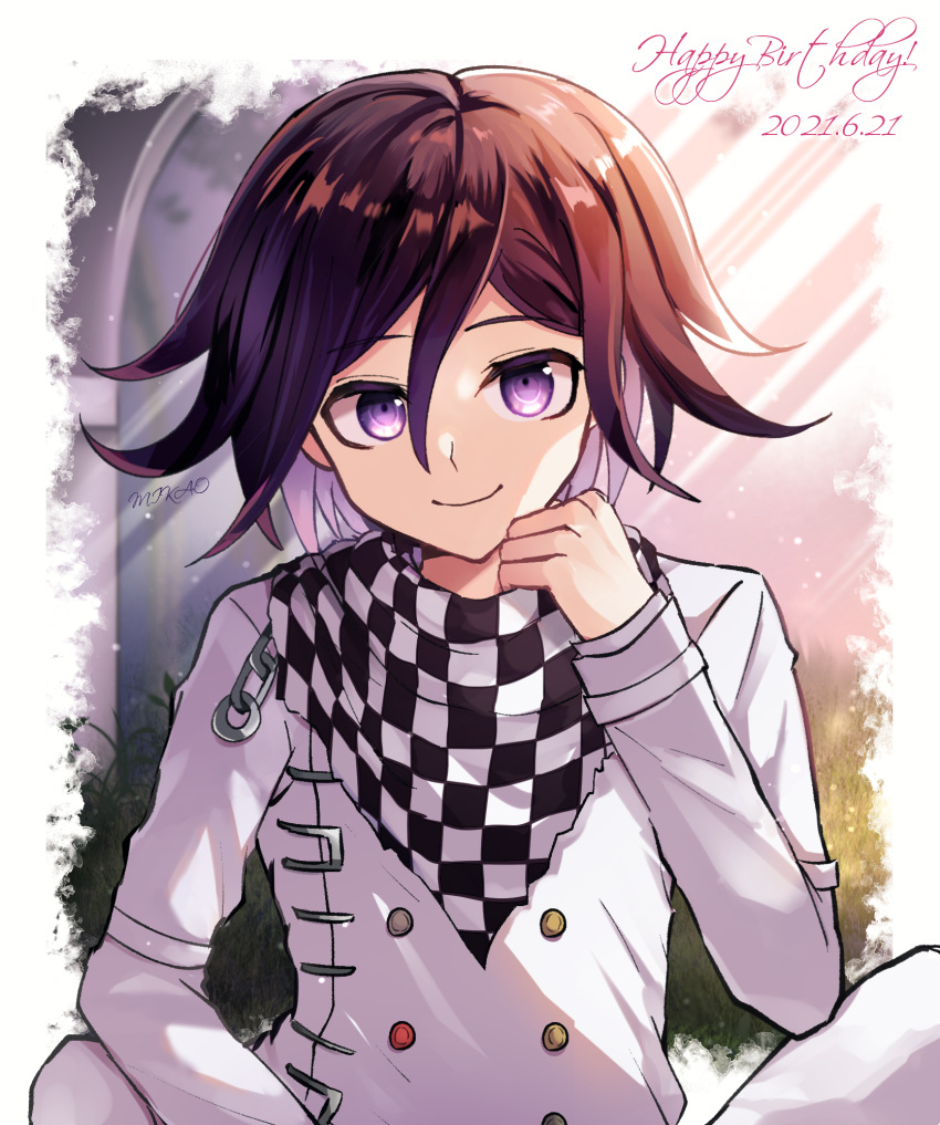 1boy bangs black_hair border buttons checkered checkered_floor checkered_scarf closed_mouth commentary_request dangan_ronpa_(series) dangan_ronpa_v3:_killing_harmony dated double-breasted grey_jacket hair_between_eyes hand_on_own_cheek hand_on_own_face hand_up happy_birthday highres jacket long_sleeves looking_at_viewer male_focus mikao_(eanv5385) multicolored_hair ouma_kokichi plant purple_hair scarf sitting smile solo straitjacket two-tone_hair upper_body violet_eyes white_border