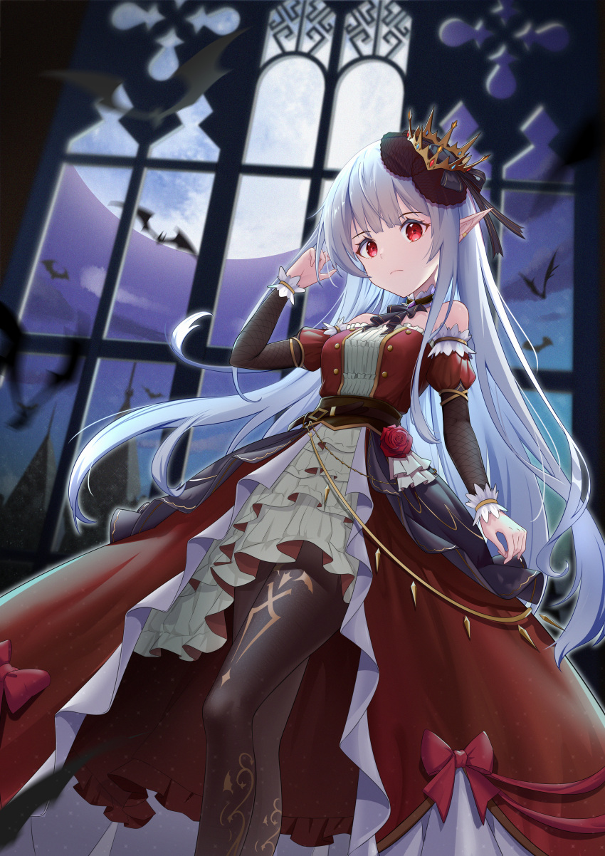 1girl absurdres architecture bangs bat black_legwear blunt_bangs crown dress expressionless full_moon gothic highres huge_filesize long_hair moon night night_sky open_clothes open_dress original pantyhose pointy_ears red_dress red_eyes sky vampire vic_(user_ztdh7374) white_hair window