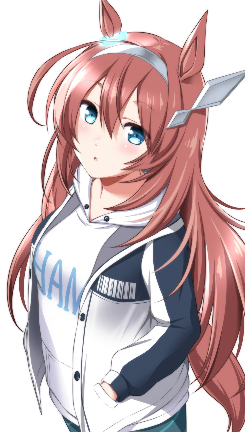 1girl animal_ears blue_eyes brown_hair clothes_writing commentary_request eyebrows_visible_through_hair hair_between_eyes hair_ornament hairband hands_in_pockets highres horse_ears horse_girl horse_tail jacket long_hair long_sleeves looking_at_viewer mihono_bourbon_(umamusume) nori_tamago simple_background solo tail umamusume white_background white_hairband