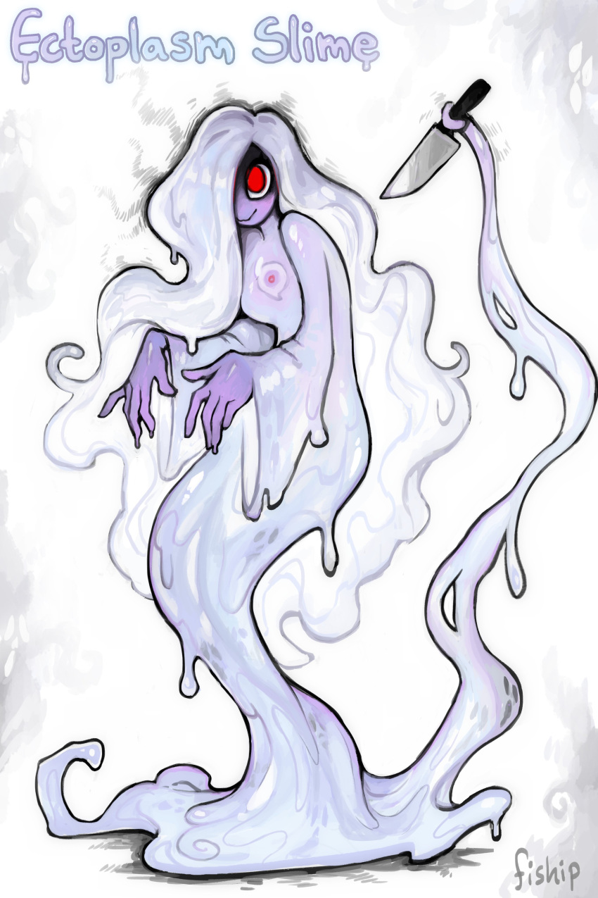 1girl absurdres artist_name breasts core ectoplasm english_text full_body highres knife looking_at_viewer matilda_fiship monster_girl no_pupils original purple_slime red_eyes shaded_face slime_girl small_breasts solo tentacles white_background white_slime