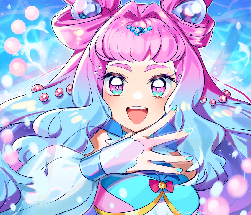 1girl :d absurdres blue_hair blue_nails commentary_request cure_la_mer eyelash_ornament fingernails gradient_hair highres laura_la_mer long_hair looking_at_viewer magical_girl miyukiyo multicolored_hair nail_polish open_mouth pink_eyes pink_hair precure smile solo teeth thick_eyebrows tropical-rouge!_precure twitter_username upper_body upper_teeth_only