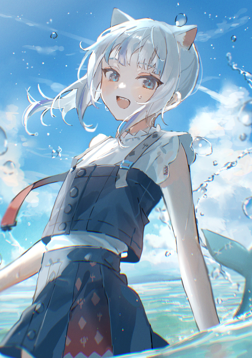 1girl :d absurdres animal_ear_fluff animal_ears bangs bare_arms blue_eyes blue_hair blue_skirt blue_sky blue_vest cat_ears clouds commentary_request day english_commentary eyebrows_visible_through_hair fish_tail gawr_gura highres hololive hololive_english huge_filesize kemonomimi_mode long_hair looking_at_viewer mixed-language_commentary multicolored_hair open_mouth oyuyu shark_tail sharp_teeth shirt side_ponytail skirt sky sleeveless sleeveless_shirt smile solo streaked_hair tail teeth vest virtual_youtuber wading water wet white_hair white_shirt