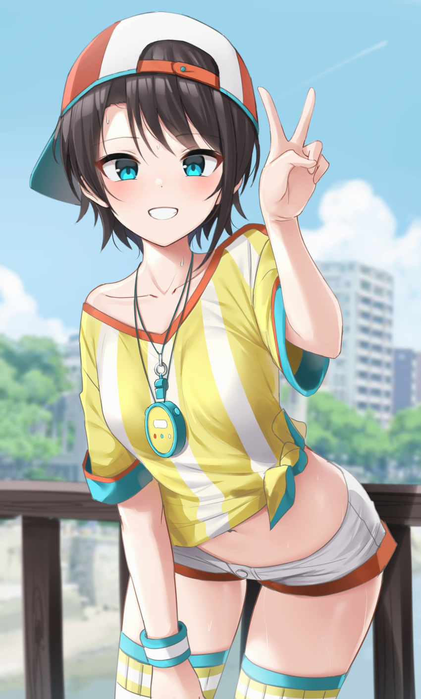 1girl absurdres aqua_eyes backwards_hat baseball_cap brown_hair collarbone grin hat highres hololive looking_at_viewer loose_clothes loose_shirt navel oozora_subaru red_headwear shengtian shirt short_hair shorts smile solo stopwatch striped striped_shirt sweatband teeth thigh-highs tied_shirt two-tone_headwear v vertical-striped_shirt vertical_stripes virtual_youtuber watch white_headwear white_shirt white_shorts yellow_shirt