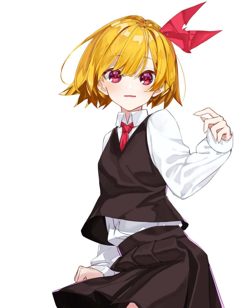 1girl bangs black_skirt black_vest blonde_hair blush bow collared_shirt commentary cowboy_shot fang gozenjuziame hair_between_eyes hair_bow highres long_sleeves looking_at_viewer necktie open_mouth pleated_skirt red_eyes red_neckwear rumia shirt short_hair simple_background skin_fang skirt solo touhou vest white_background white_shirt