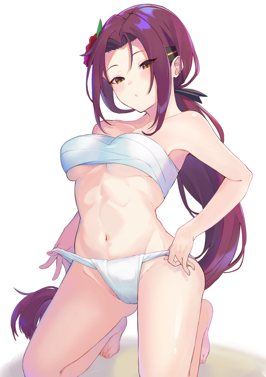 1girl barefoot blush breasts eyebrows_visible_through_hair fundoshi hair_ornament highres japanese_clothes large_breasts long_hair looking_at_viewer princess_connect! purple_hair ruka_(princess_connect!) shimon_(31426784) simple_background smile yellow_eyes