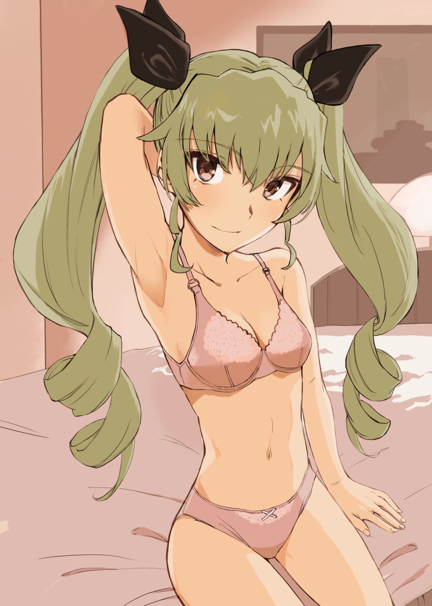 1girl anchovy_(girls_und_panzer) arm_behind_head arm_up armpits bangs bedroom black_ribbon bow bow_panties bra brown_eyes closed_mouth commentary drill_hair eyebrows_visible_through_hair girls_und_panzer green_hair hair_ribbon highres indoors long_hair looking_at_viewer medium_hair navel on_bed panties pink_bra pink_panties ribbon sanwa_(koyabu2171) sitting smile solo twin_drills twintails underwear underwear_only