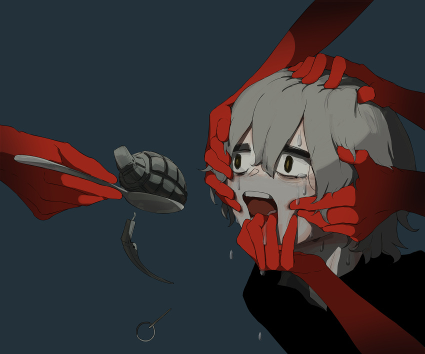 1boy absurdres avogado6 blue_background colored_skin explosive feeding force_feeding grenade grey_hair highres imminent_death male_focus open_mouth original red_skin simple_background solo_focus symbolism tears wide-eyed