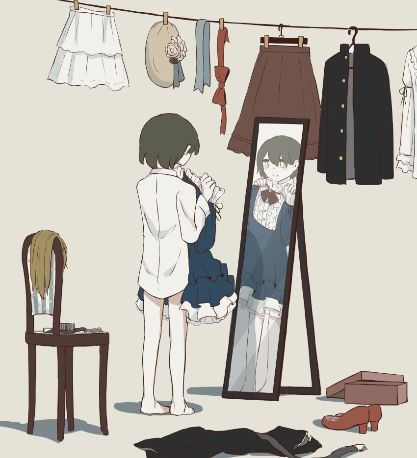1boy absurdres avogado6 barefoot bow brush closed_mouth clothes_removed crossdressinging facing_away from_behind full-length_mirror gakuran green_hair grey_background hat high_heels highres long_sleeves male_focus mirror original red_bow school_uniform shirt shoes short_hair simple_background skirt smile solo standing trying_on_clothes white_shirt white_skirt wig wig_removed