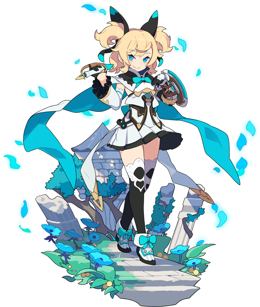 1girl ahoge aqua_bow arm_shield artist_request asymmetrical_gloves back_bow bangs black_gloves black_legwear blonde_hair blue_eyes blue_flower blush bow breasts bush cape closed_mouth day detached_sleeves dress flower footwear_bow frilled_sleeves frills full_body gloves grass hair_ornament half-closed_eyes half_gloves hands_up happy heart highres holding holding_sword holding_weapon looking_at_viewer medium_hair moss non-web_source official_art outdoors petals pleated_dress shield shiny shiny_hair shoes sidelocks silty_(world_flipper) single_vambrace small_breasts smile solo stairs standing sword thigh-highs tied_hair transparent_background two-sided_cape two-sided_fabric two_side_up vambraces weapon white_cape white_dress white_footwear white_sleeves world_flipper zettai_ryouiki