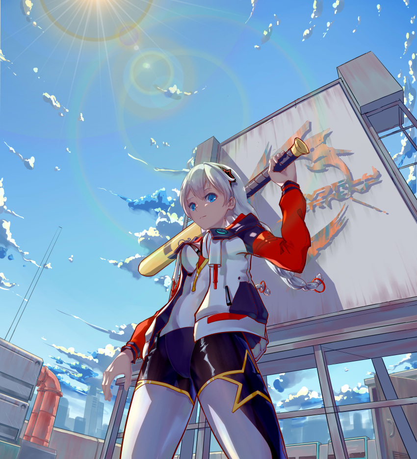 1girl absurdres antenna_hair bangs baseball billboard blue_eyes blue_sky braid breasts city cityscape clouds cloudy_sky gao_guangyue hair_between_eyes highres holding honkai_(series) honkai_impact_3rd jacket kiana_kaslana kiana_kaslana_(white_comet) long_hair long_sleeves looking_at_viewer looking_down no_gloves outdoors rooftop scenery sky solo twin_braids white_hair